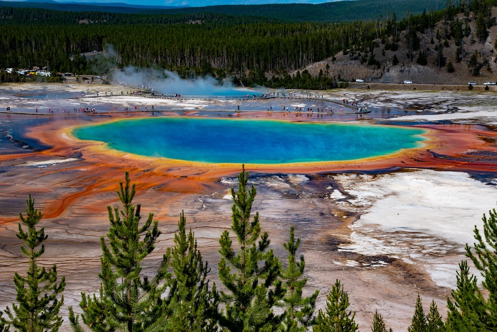 Aerial view of spectators viewing Yellowstone's Grand Prismatic Spring
